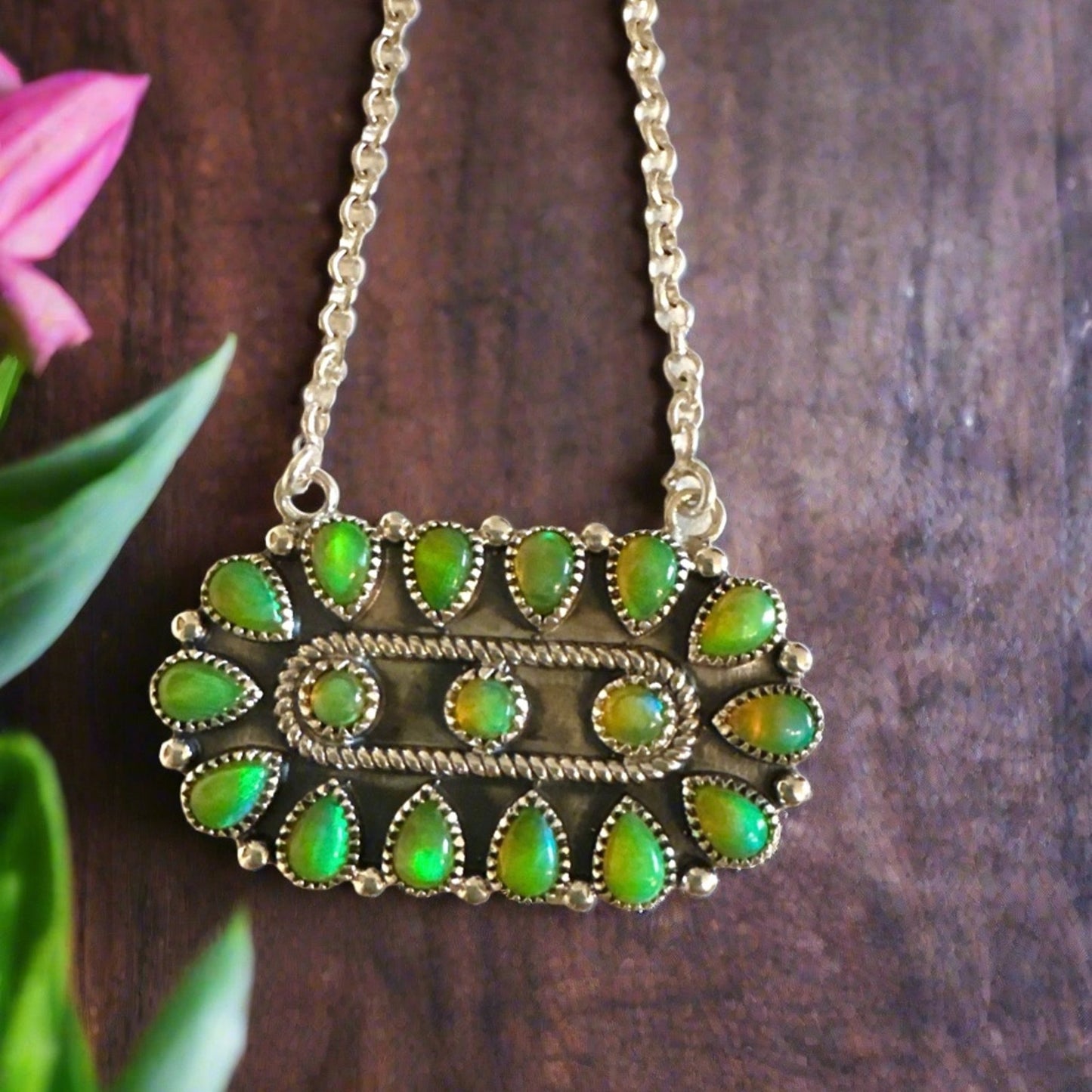 Green Opal Oval Shaped Sterling Silver 925 Necklace Adjustable 18”