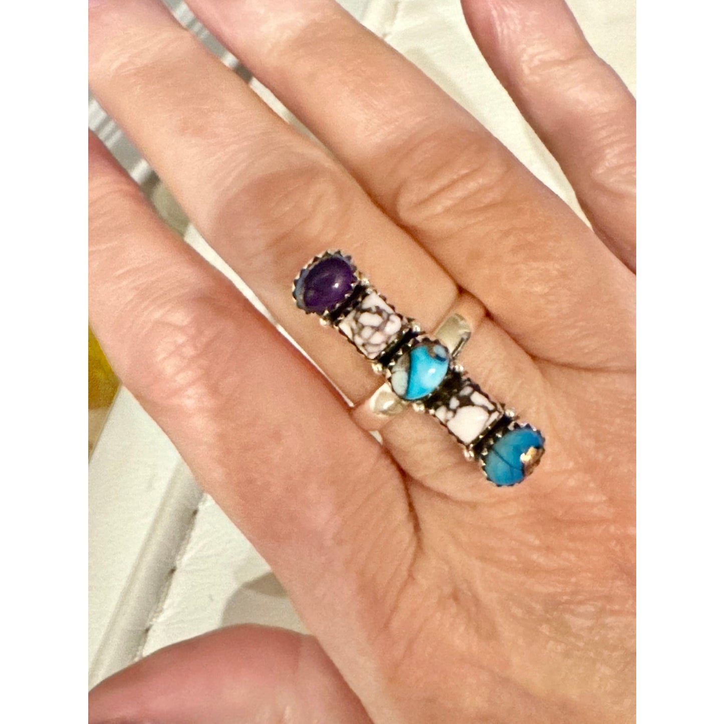Ice Blue Dahlia Purple Dahlia & Wild Horse Fove Stone Long Ring Adjustable 5-11