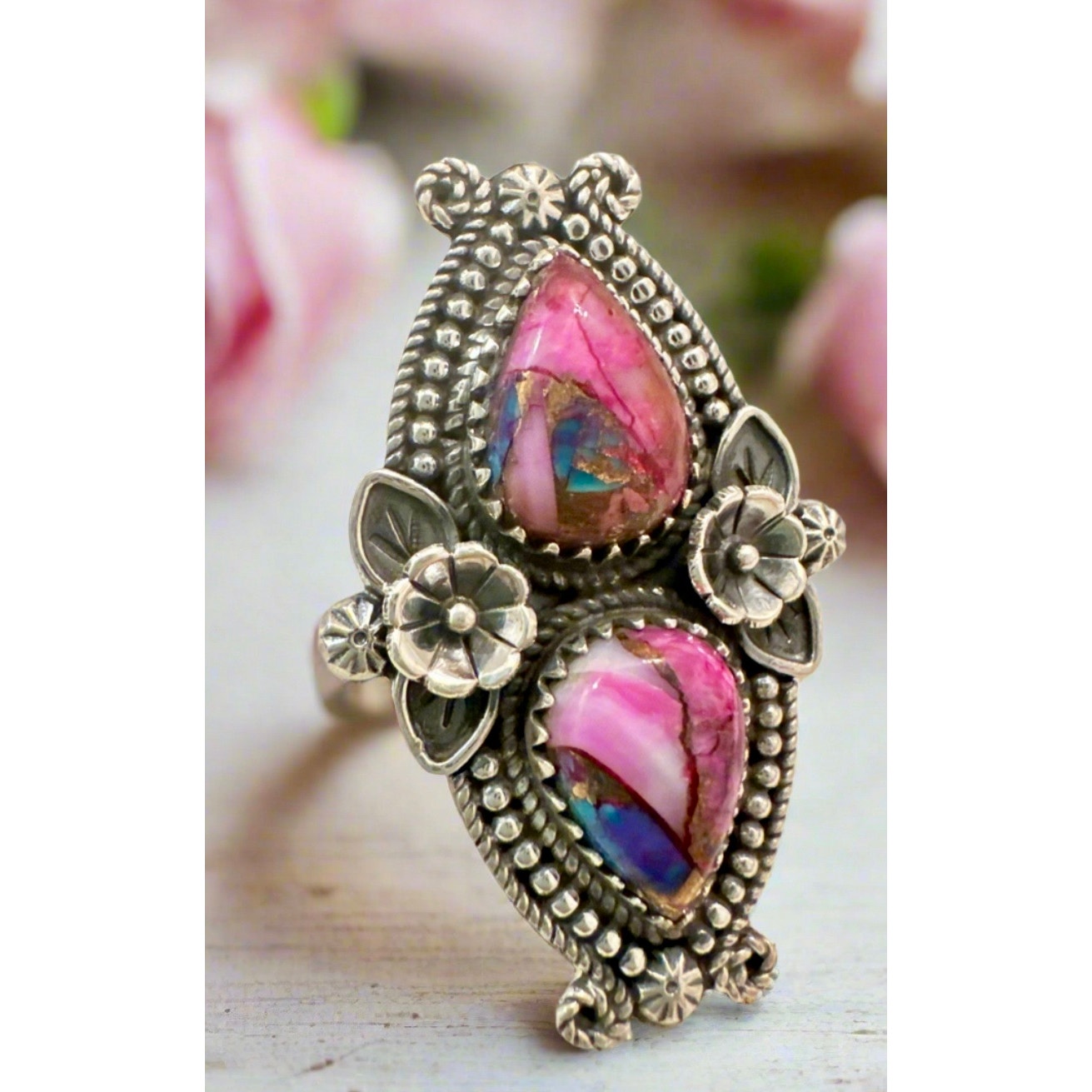 Red Rose Dahlia Two Stone Tear Drop Flower Sterling Silver Ring Size 8