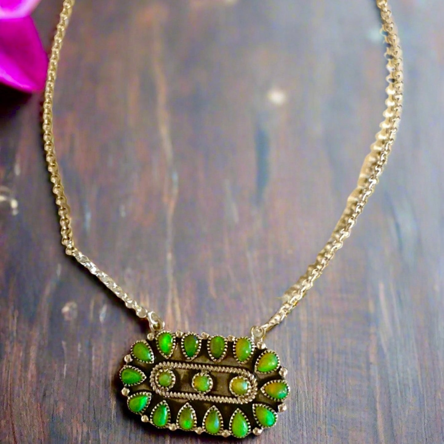 Green Opal Oval Shaped Sterling Silver 925 Necklace Adjustable 18”