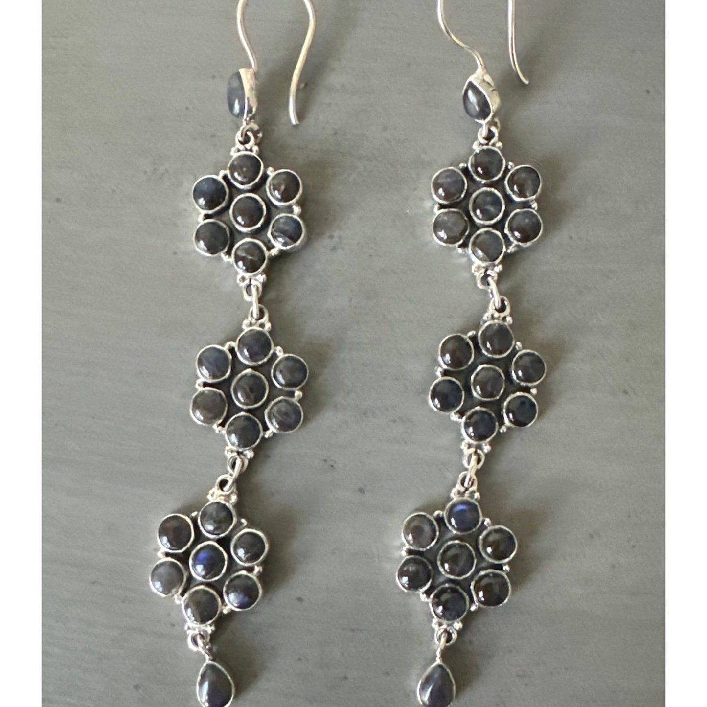 Natural Labradorite Flower Dangle .925 Sterling Silver Earrings 4.5” Long!