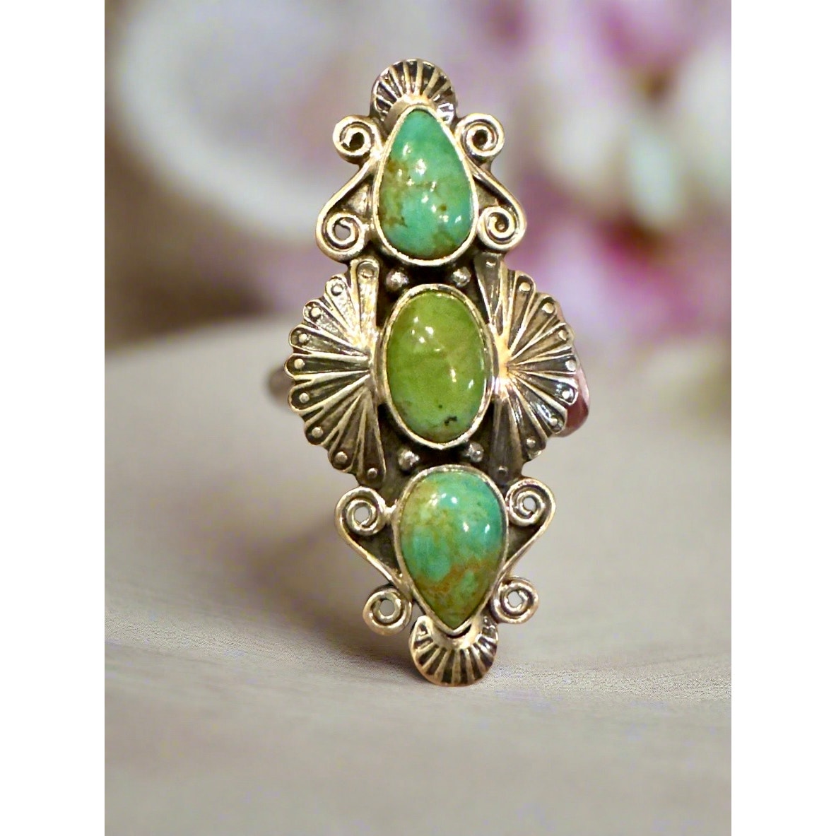 Three Stone Turquoise Southwestern Sterling Silver Ring Size 9