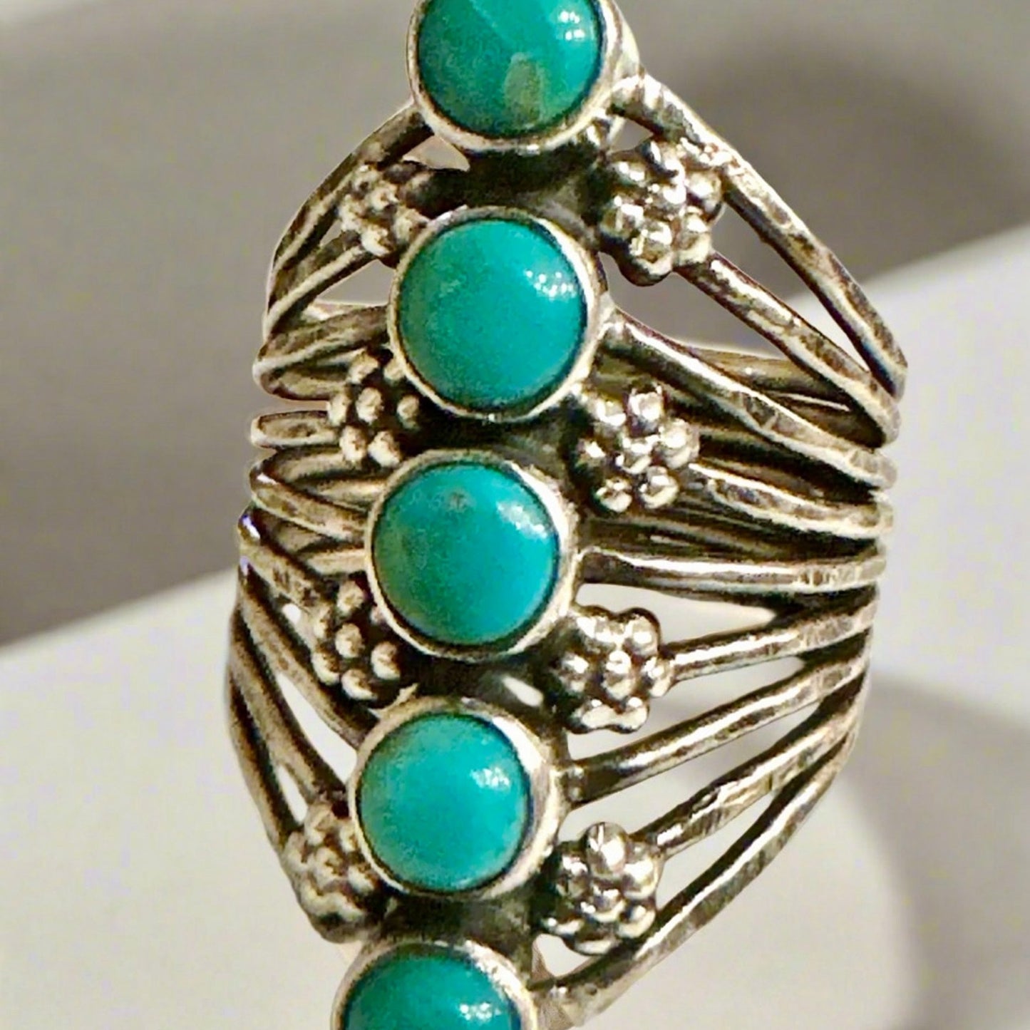 Five Stone Kingman Turquoise Flower Sterling Ring Size 9.25