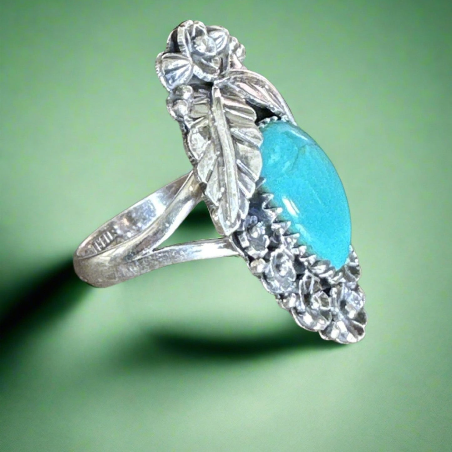 Kingman Turquoise Southwestern Leaf & Flower Ring Size 10.5