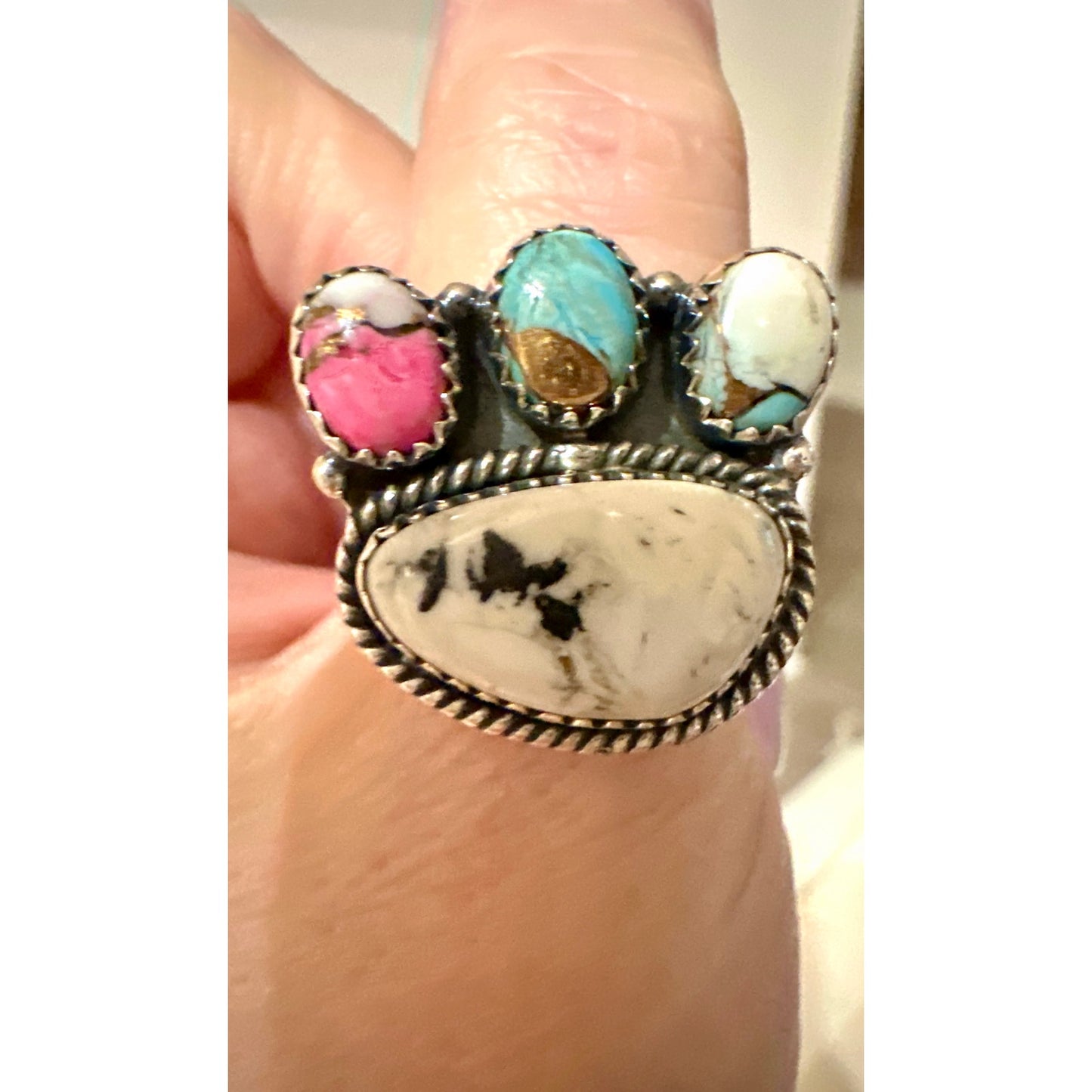 White Buffalo & Cotton Candy Cluster Sterling Ring Adjustable 5-11