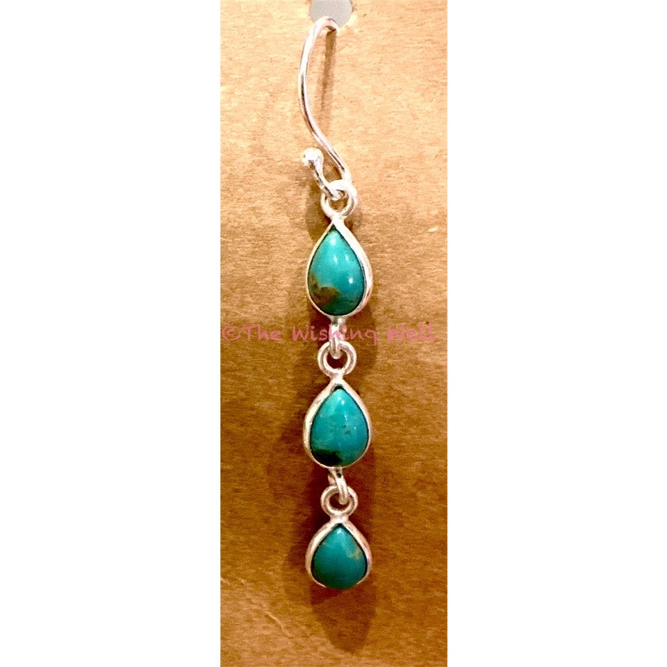 Three Stone Teardrop Turquoise Dangle Earrings| Sterling Silver 2”