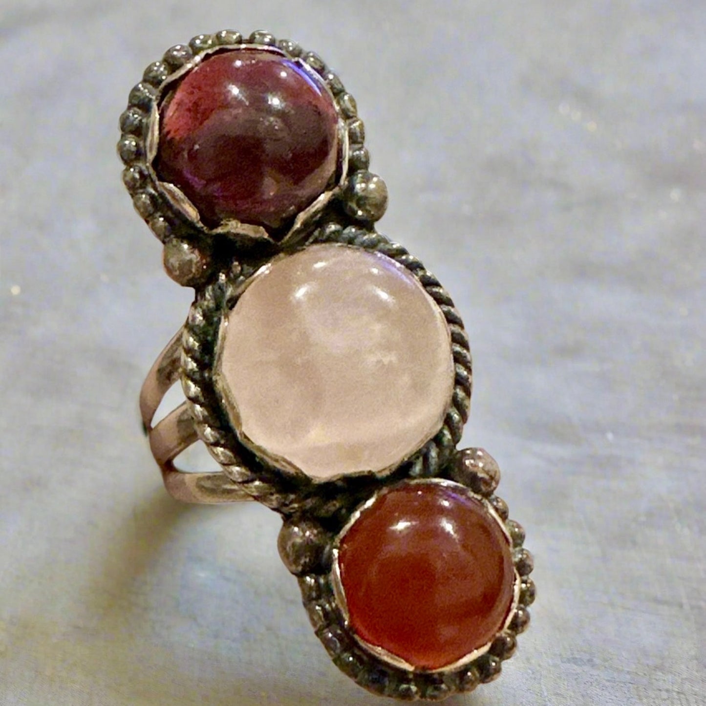 Amazing Raspberry Red Rhodolite, Moonstone & Carnelian Three Stone Ring size 6