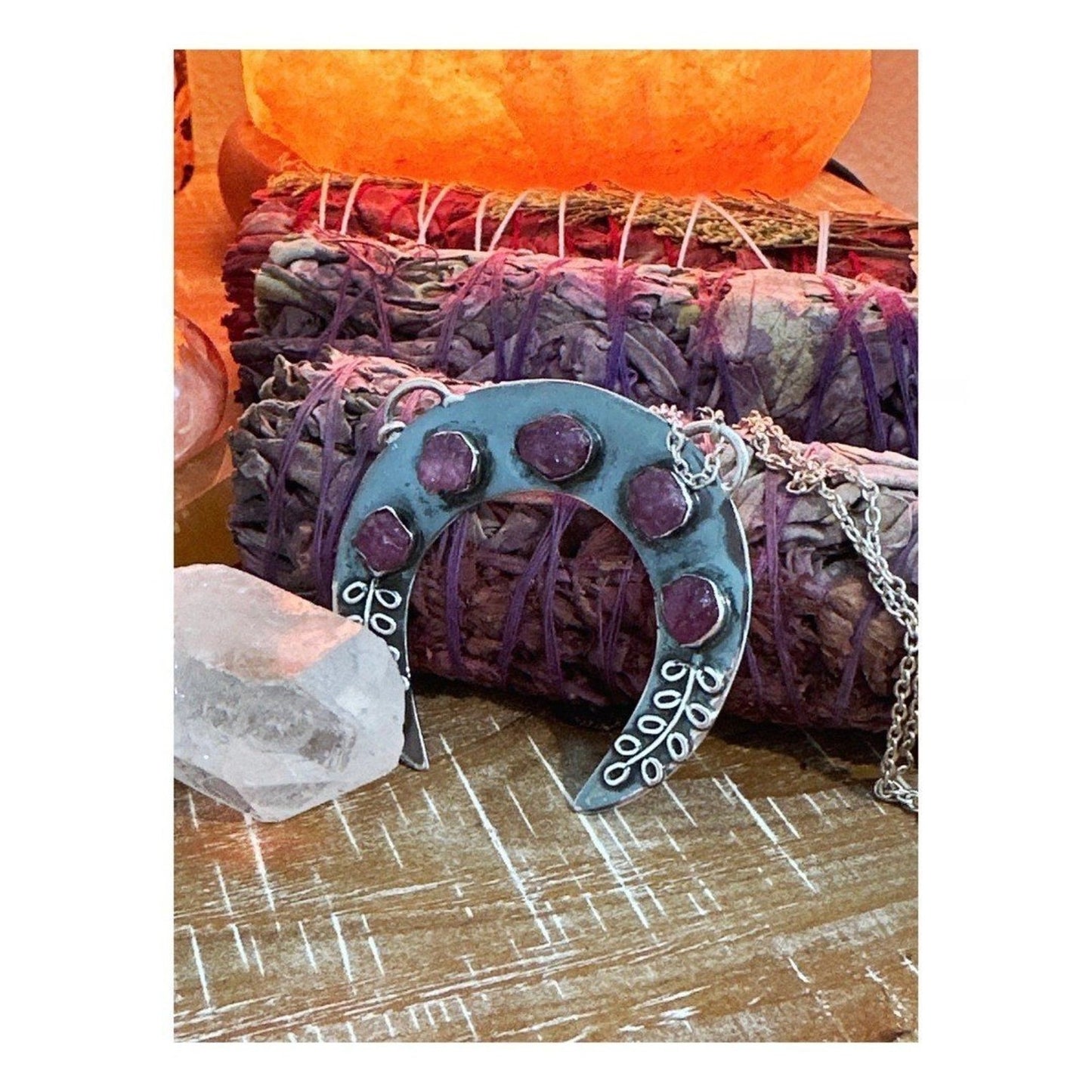 Handmade Oxidized Sterling Silver Crescent Moon Necklace w Rough Ruby Gemstones