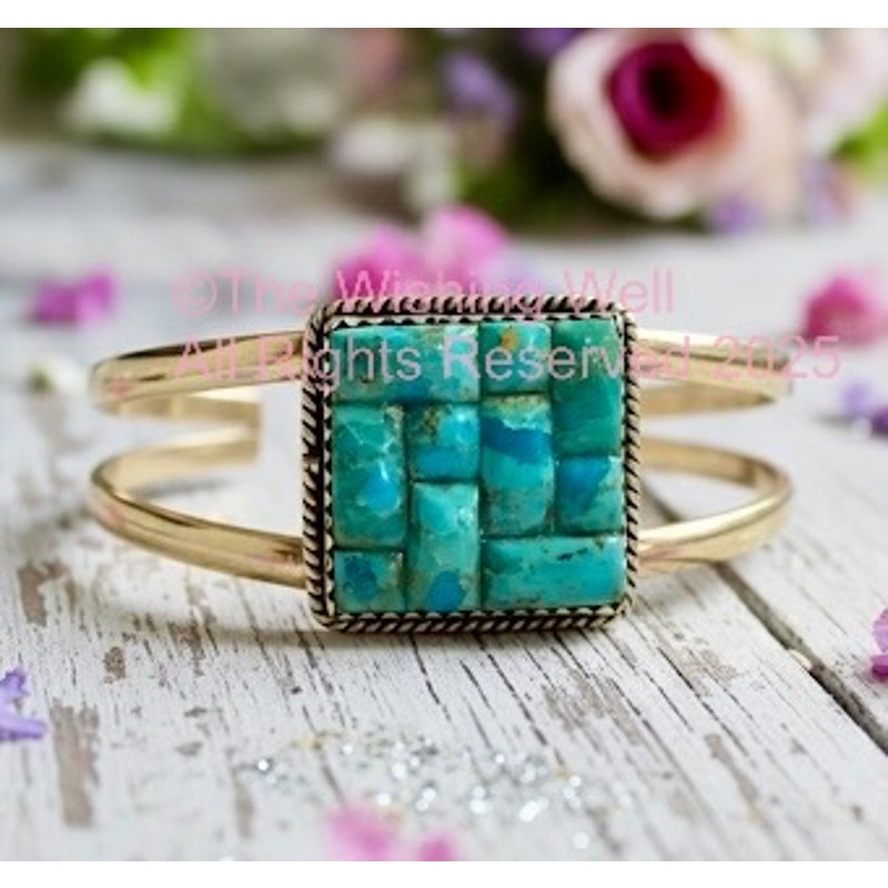 Kingman Turquoise | Grid Inlay Mosaic Square | Cuff Bracelet Size 6-8
