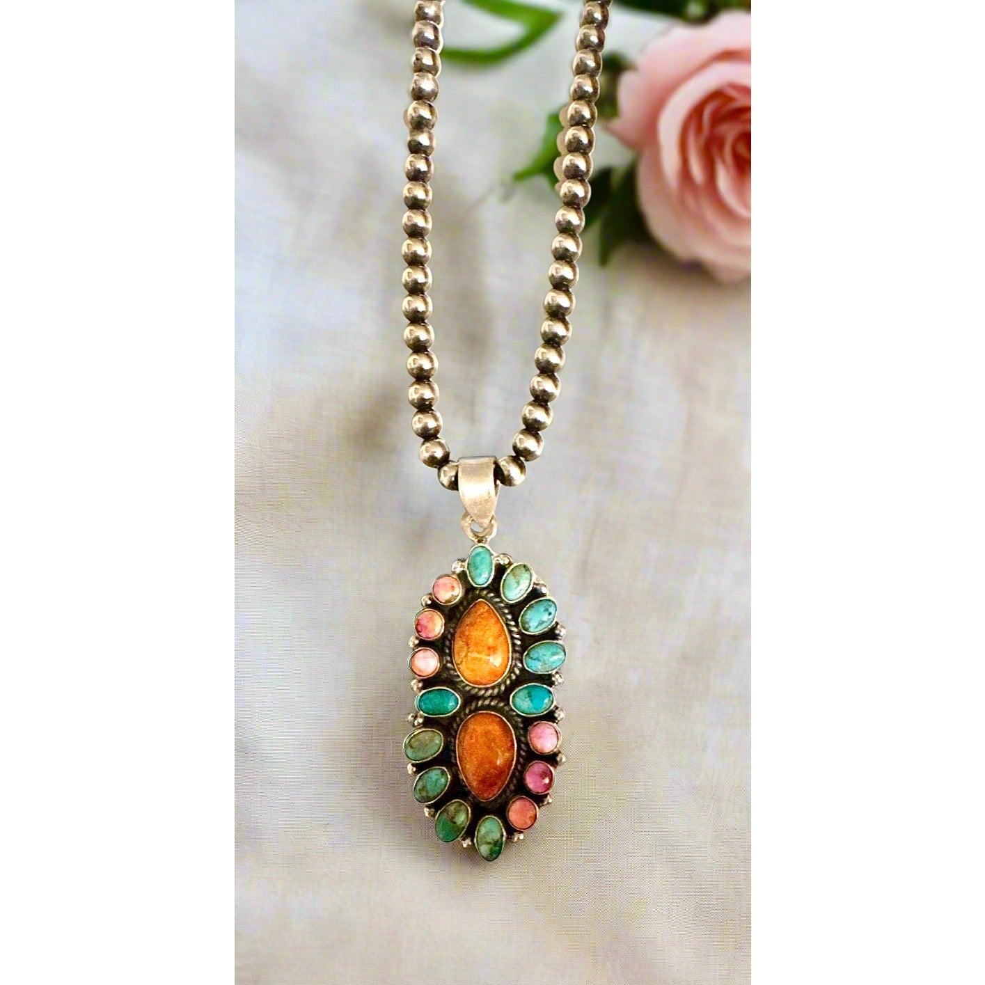 Blue turquoise orange spiny oyster pink Dahlia pendant 2.25”