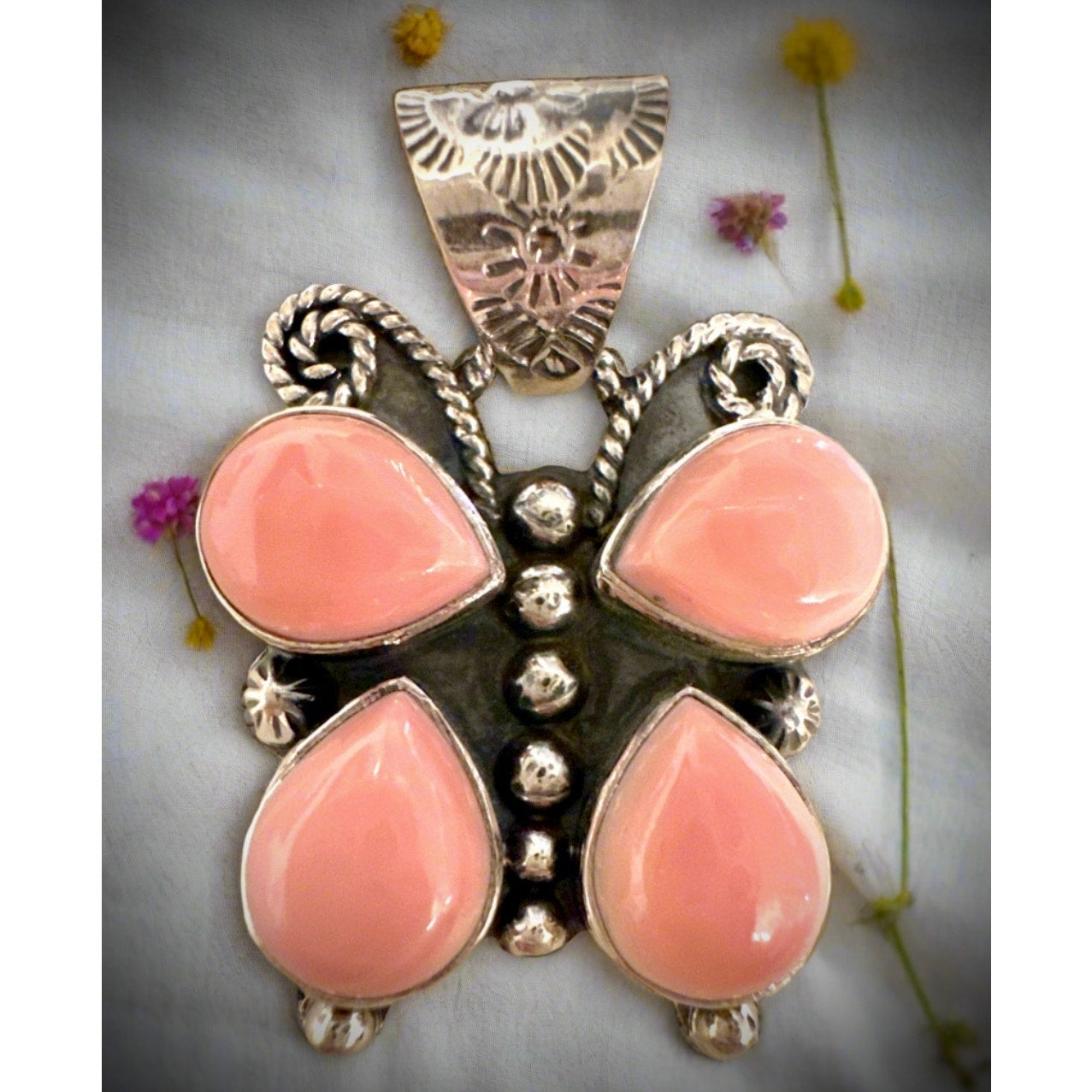 Beautiful Pink Conch Butterfly Pendant Sterling Silver 1”