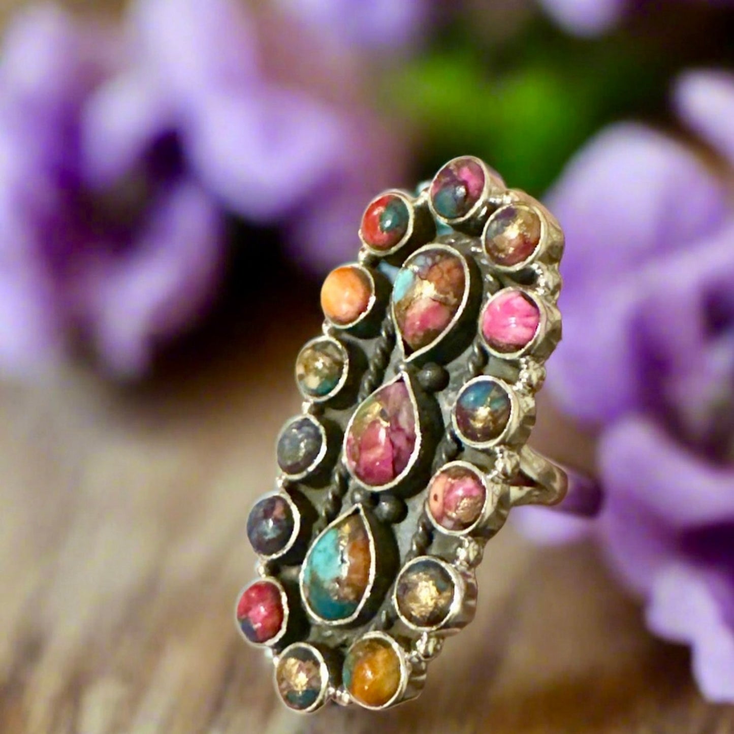 Stunning Spiny Oyster Pink Dahlia Southwestern Ring Adjustable 2” Long