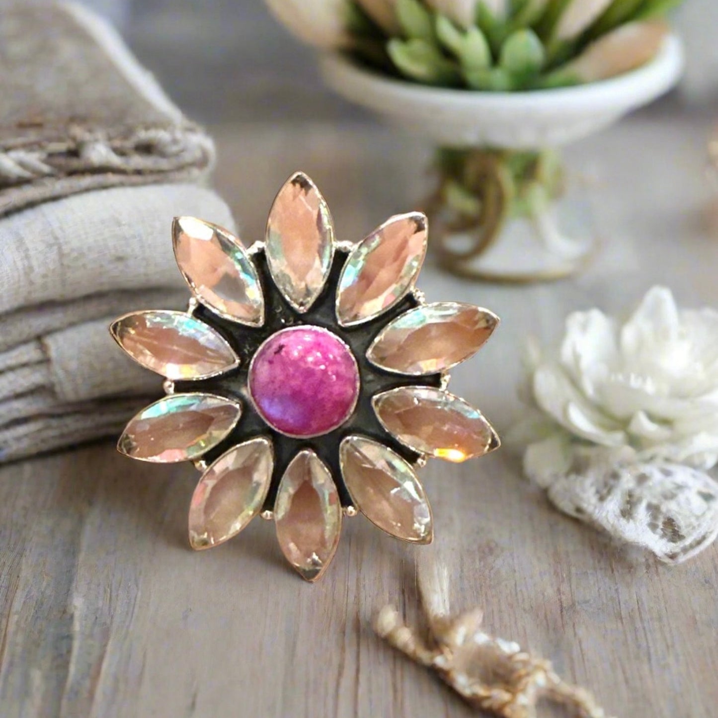 Pink Moonstone Aurora Quartz Oval Round Statement Ring Adjustable