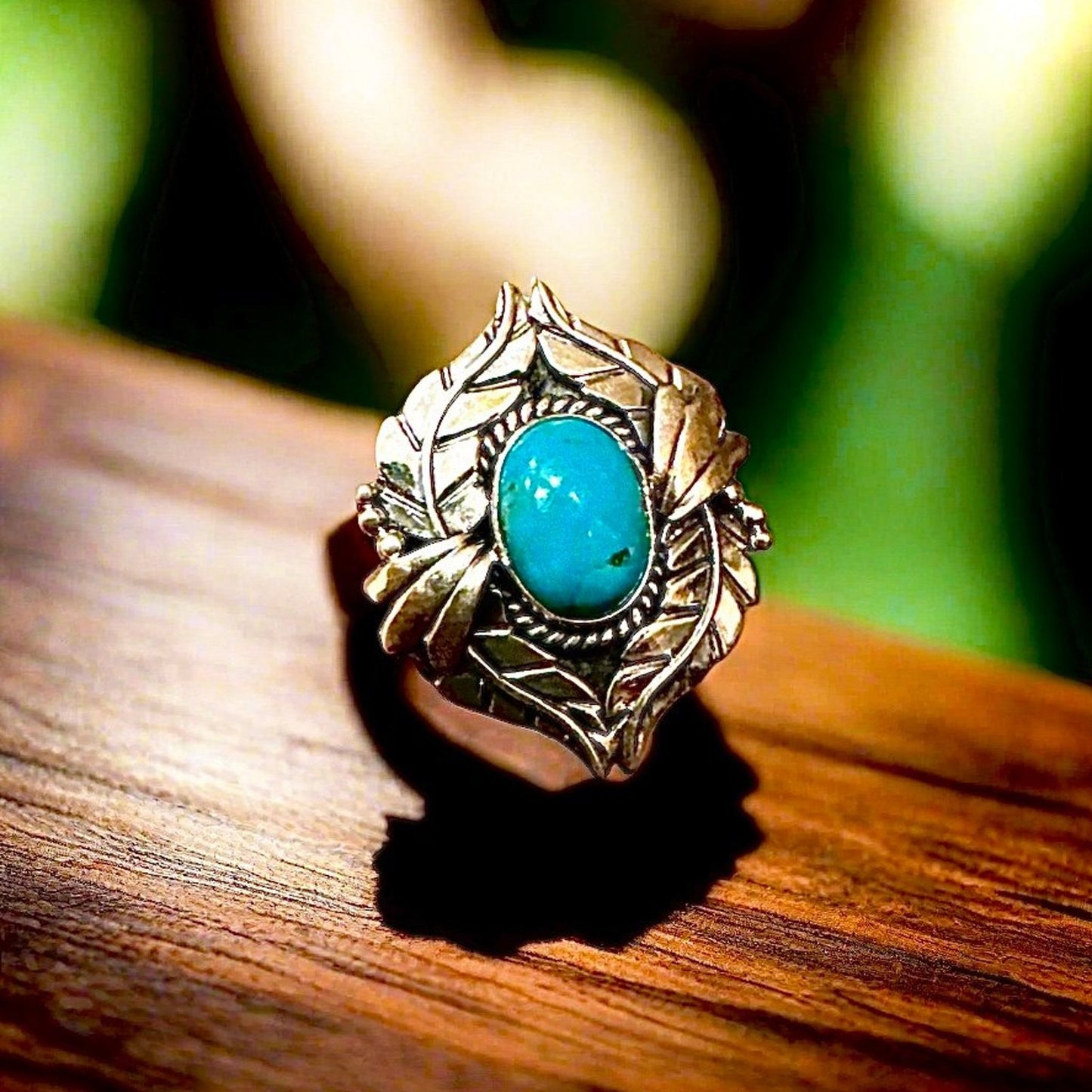 Kingman Blue Turquoise Oval Leaf Feather Sterling Silver Ring Size 7,8