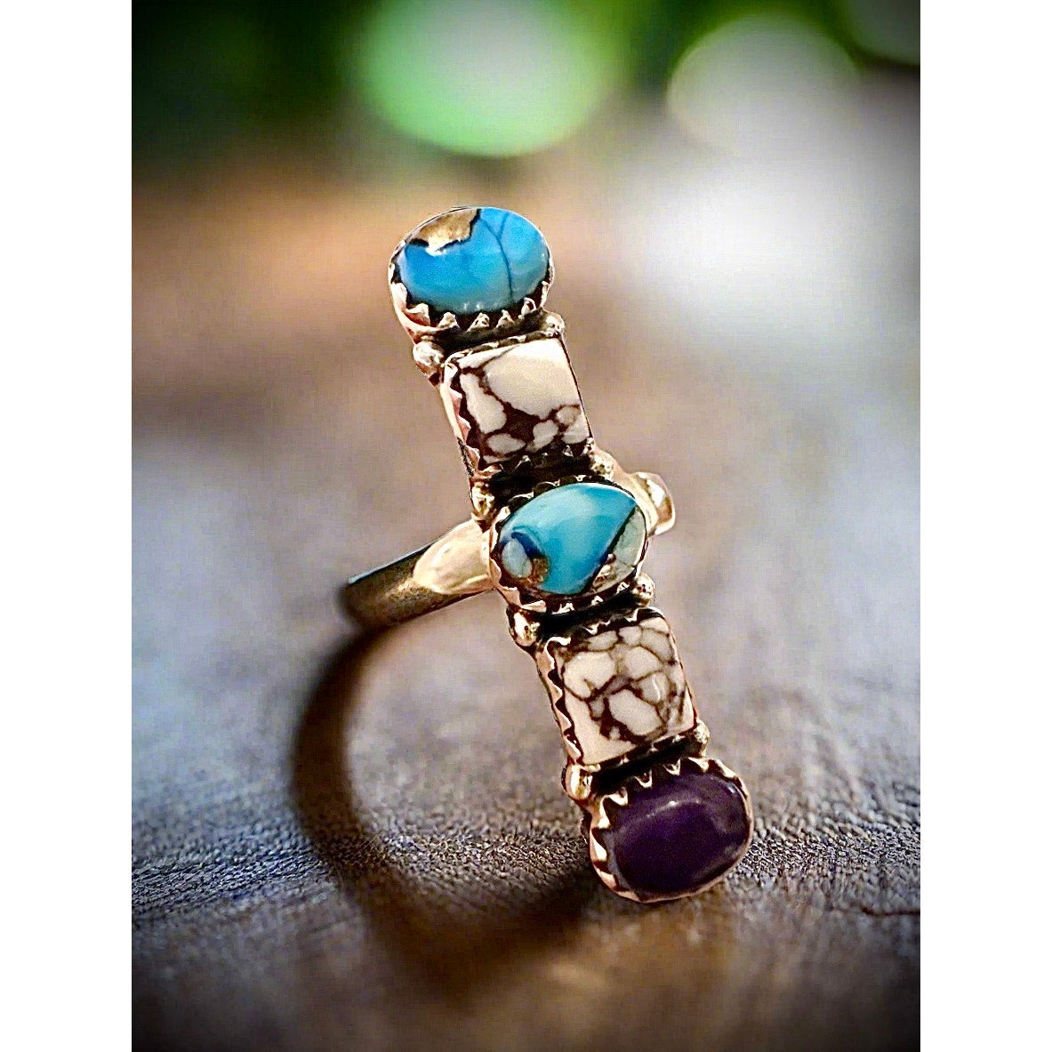 Ice Blue Dahlia Purple Dahlia & Wild Horse Fove Stone Long Ring Adjustable 5-11
