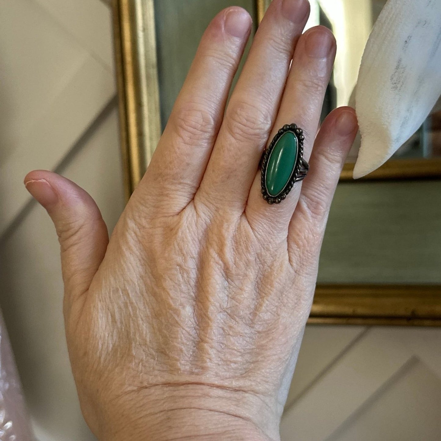 Vintage Native American Green Turquoise Ring Sterling Makers Mark 5