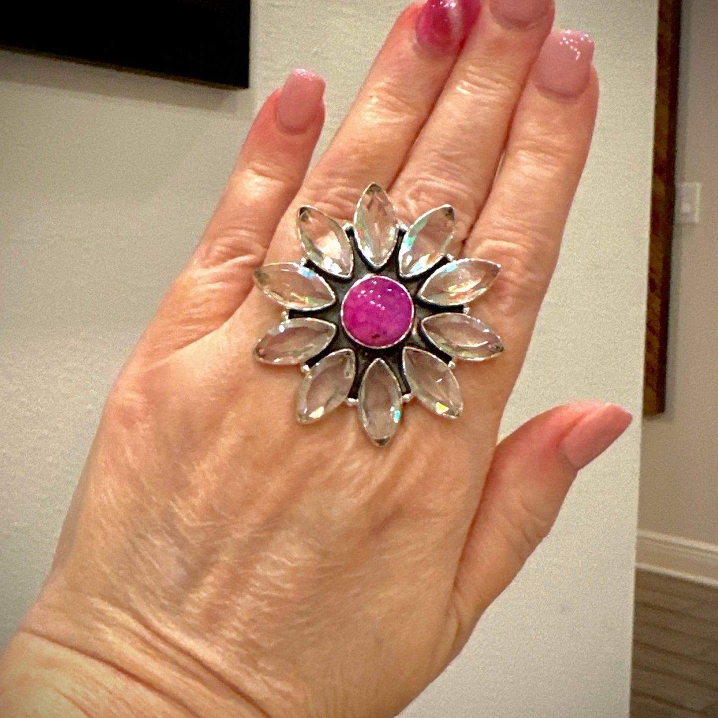 Pink Moonstone Aurora Quartz Oval Round Statement Ring Adjustable