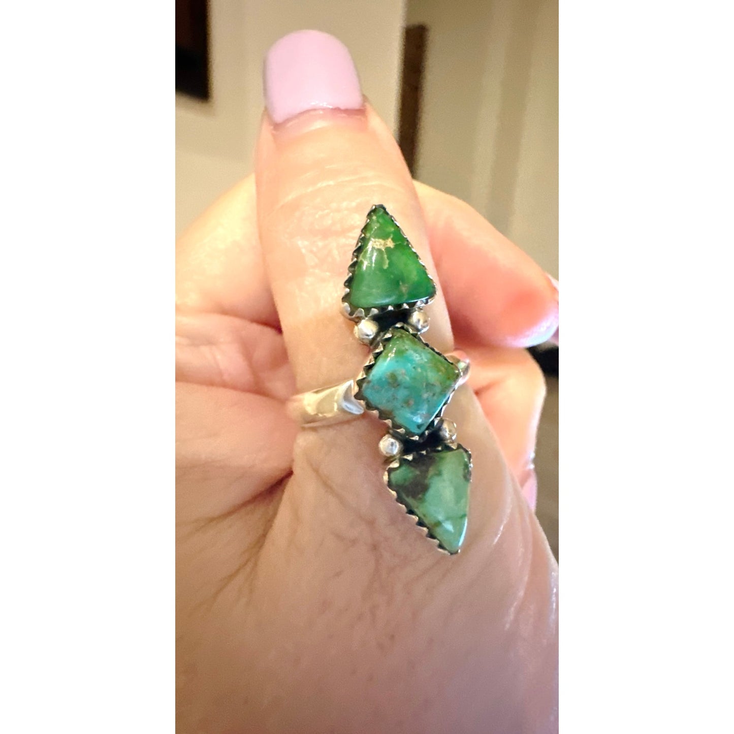 Sonoran Gold Turquoise Three Stone Diamond Shape Sterling Ring Size 5-11 Adjustable