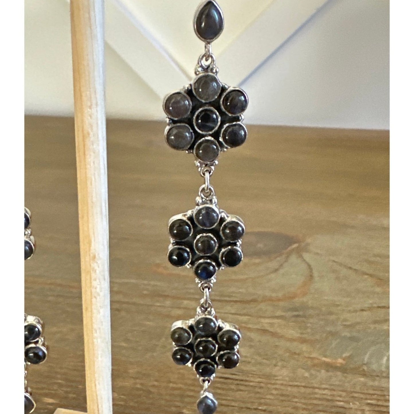 Natural Labradorite Flower Dangle .925 Sterling Silver Earrings 4.5” Long!