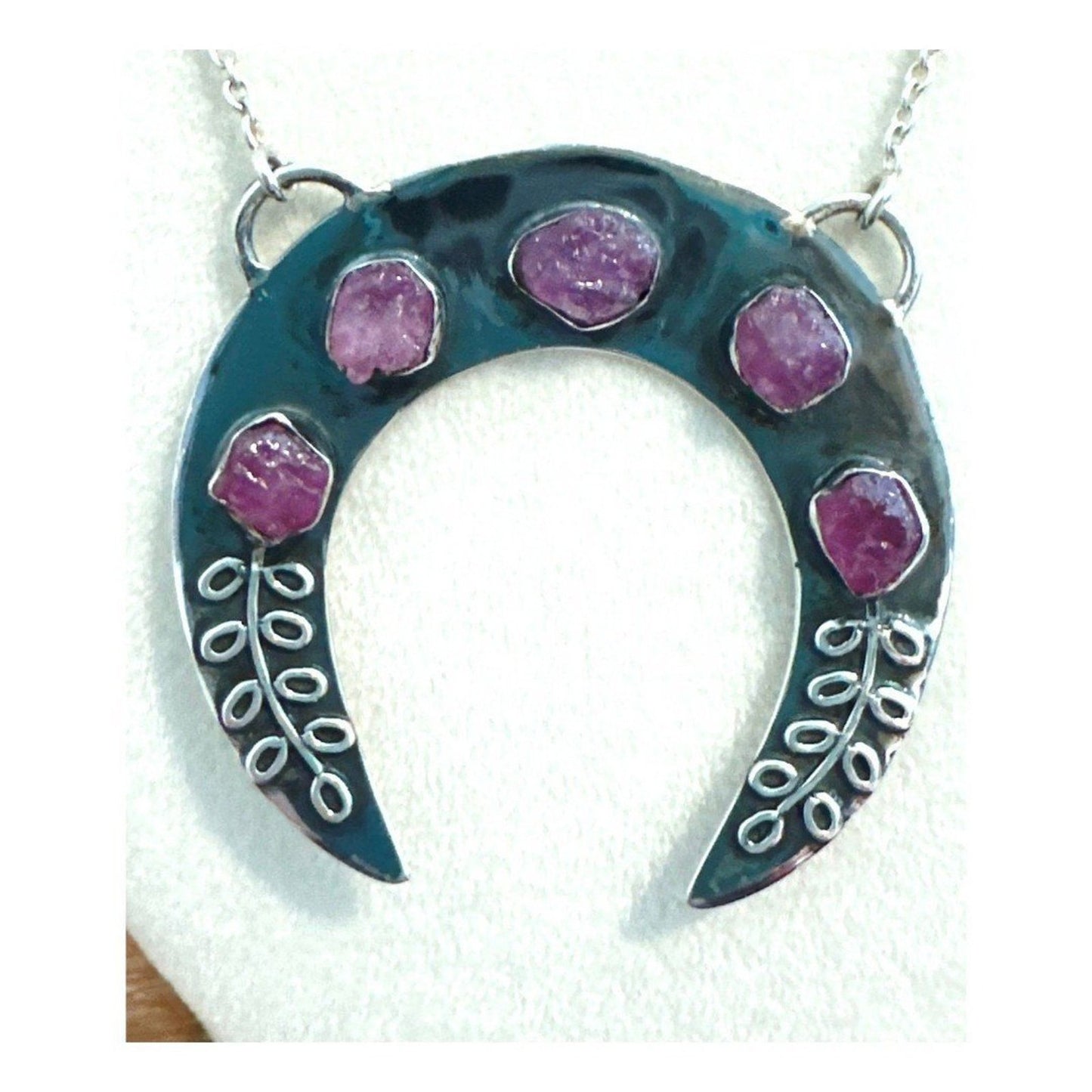 Handmade Oxidized Sterling Silver Crescent Moon Necklace w Rough Ruby Gemstones