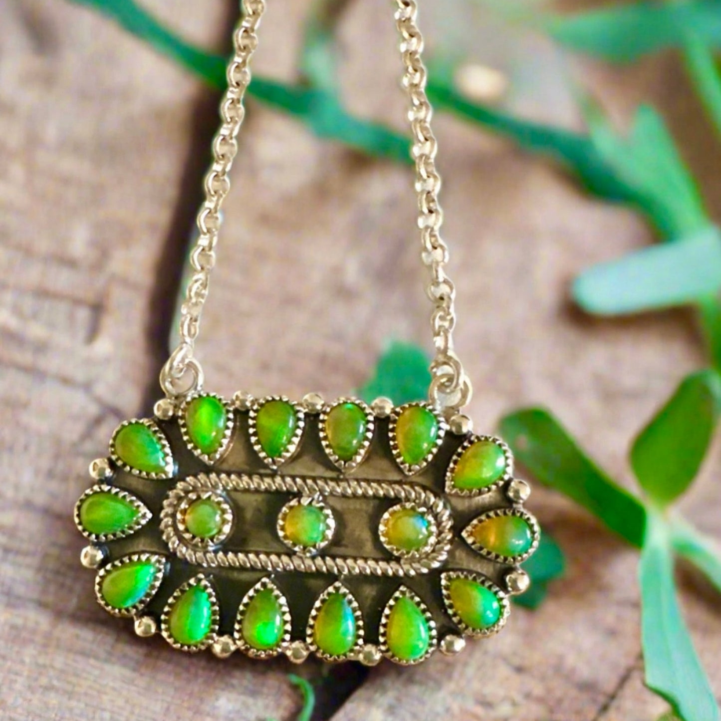 Green Opal Oval Shaped Sterling Silver 925 Necklace Adjustable 18”