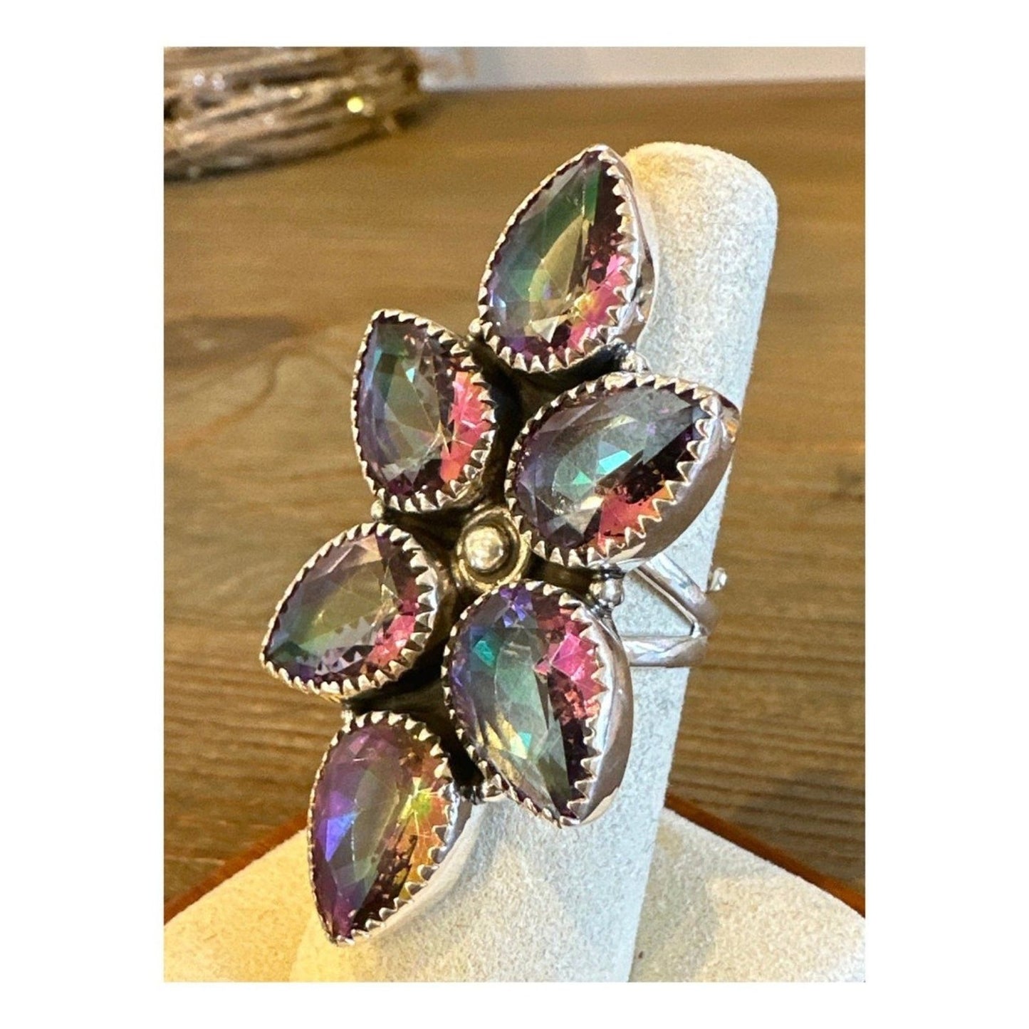 HUGE Teardrop Sawtooth Oxidized Mystic Topaz .925 Ring Adjustable 4-12