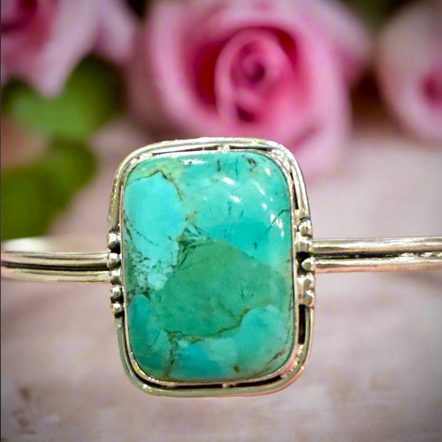 Square Green/Blue Turquoise Cuff 925 Silver Bracelet 1” Adjustable