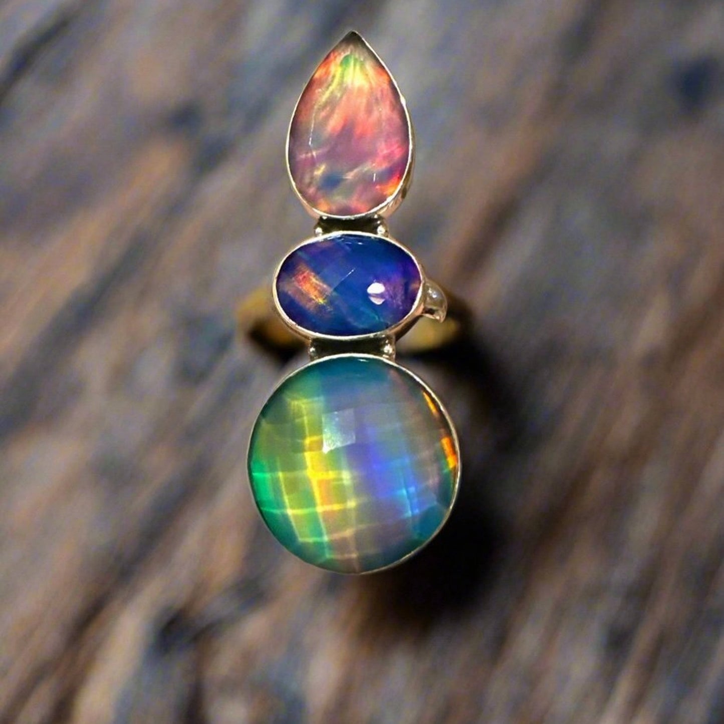 Three Stone Aurora Opal Faceted Handmade Sterling Silver Ring Adjustable