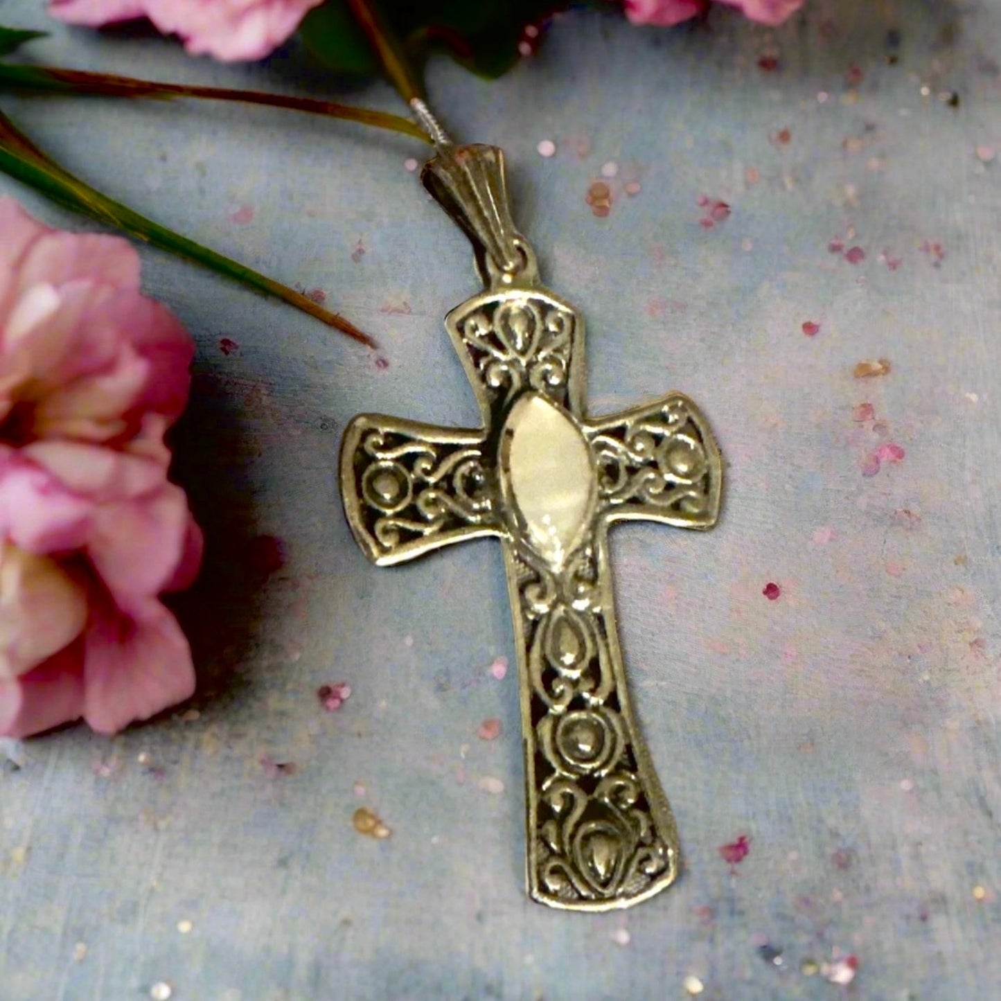Vintage Mother of Pearl Filagree Sterling Silver Religious Cross Pendant