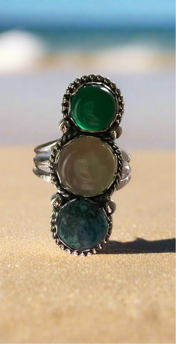 Chrysocolla, Rutile & Jade Three Stone Boho 925 Sterling Ring Size 10