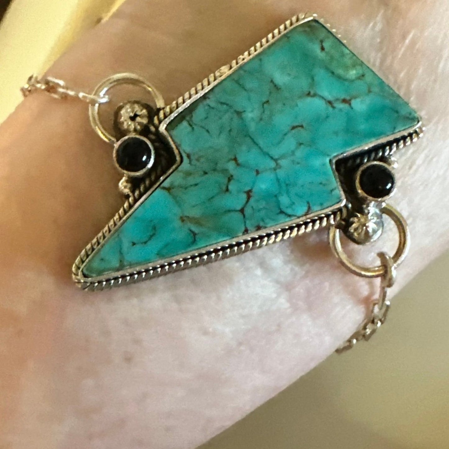 Turquoise Lightening Bolt Paper Clip Sterling Silver Bracelet 7”