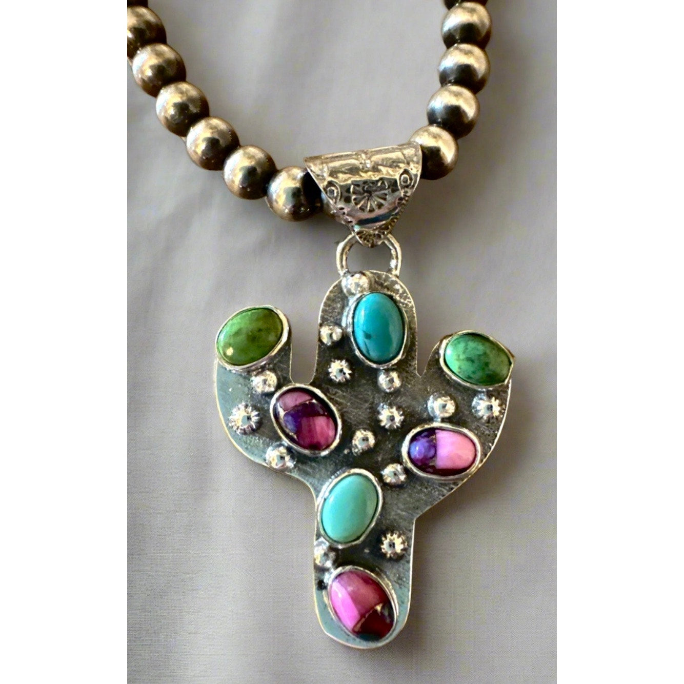 Green Blue Turquoise & Red Rose Dahlia Cactus Pendant 1.25” Long Sterling .925