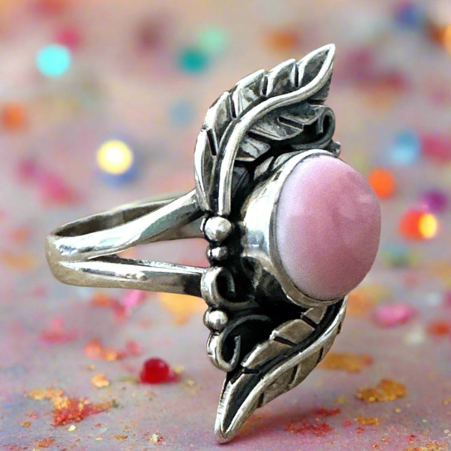 Pink Conch Leaf Design Southwestern .925 Sterling Ring Size 8.5