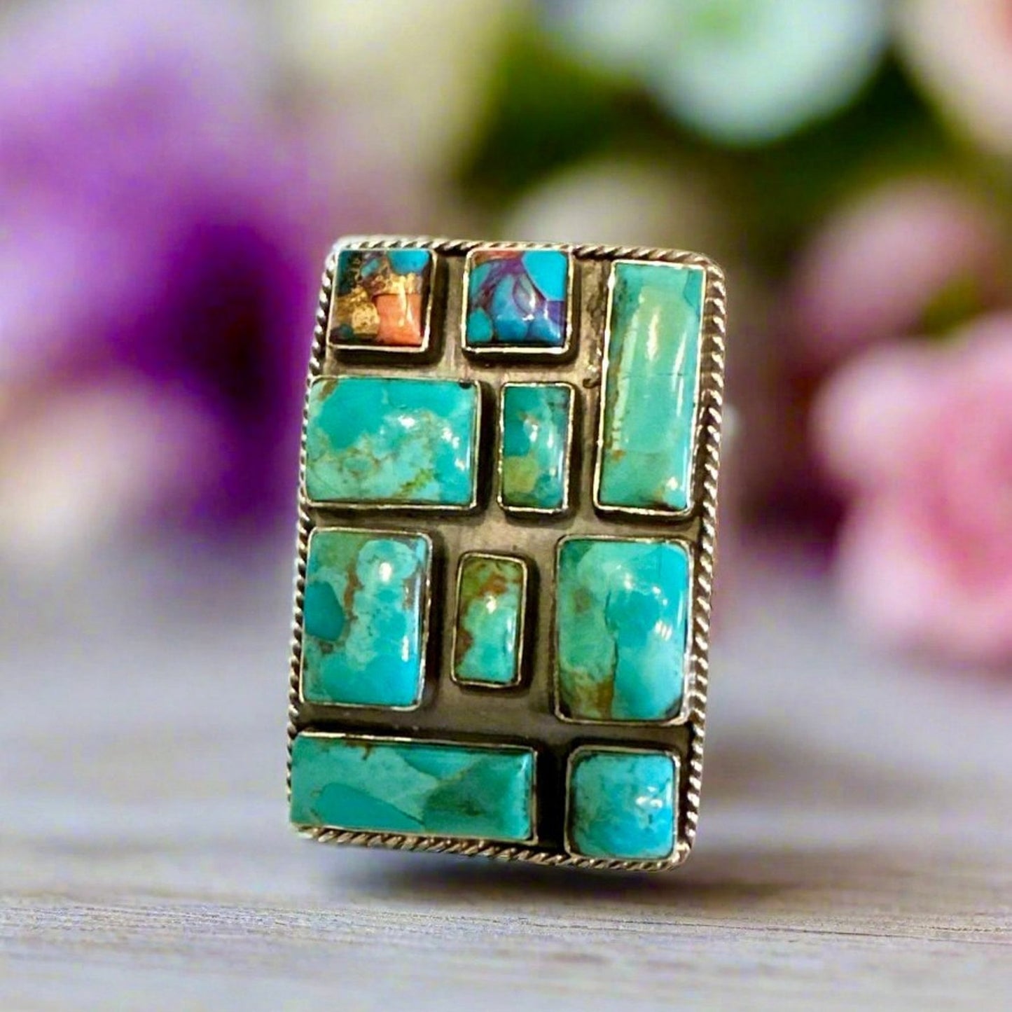 HUGE Turquoise Spiny Oyster Square Ring Adjustable