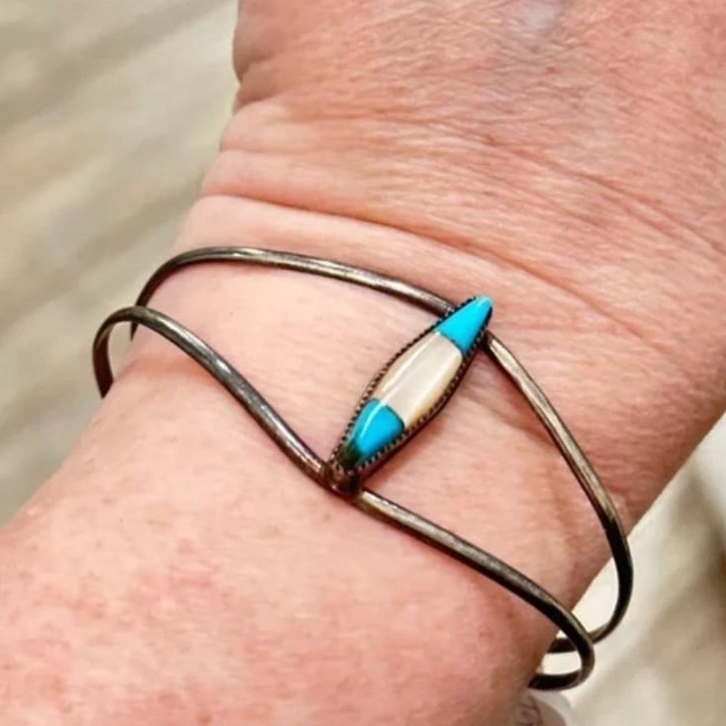Native American Turquoise Inlay Cuff Bracelet Adjustable