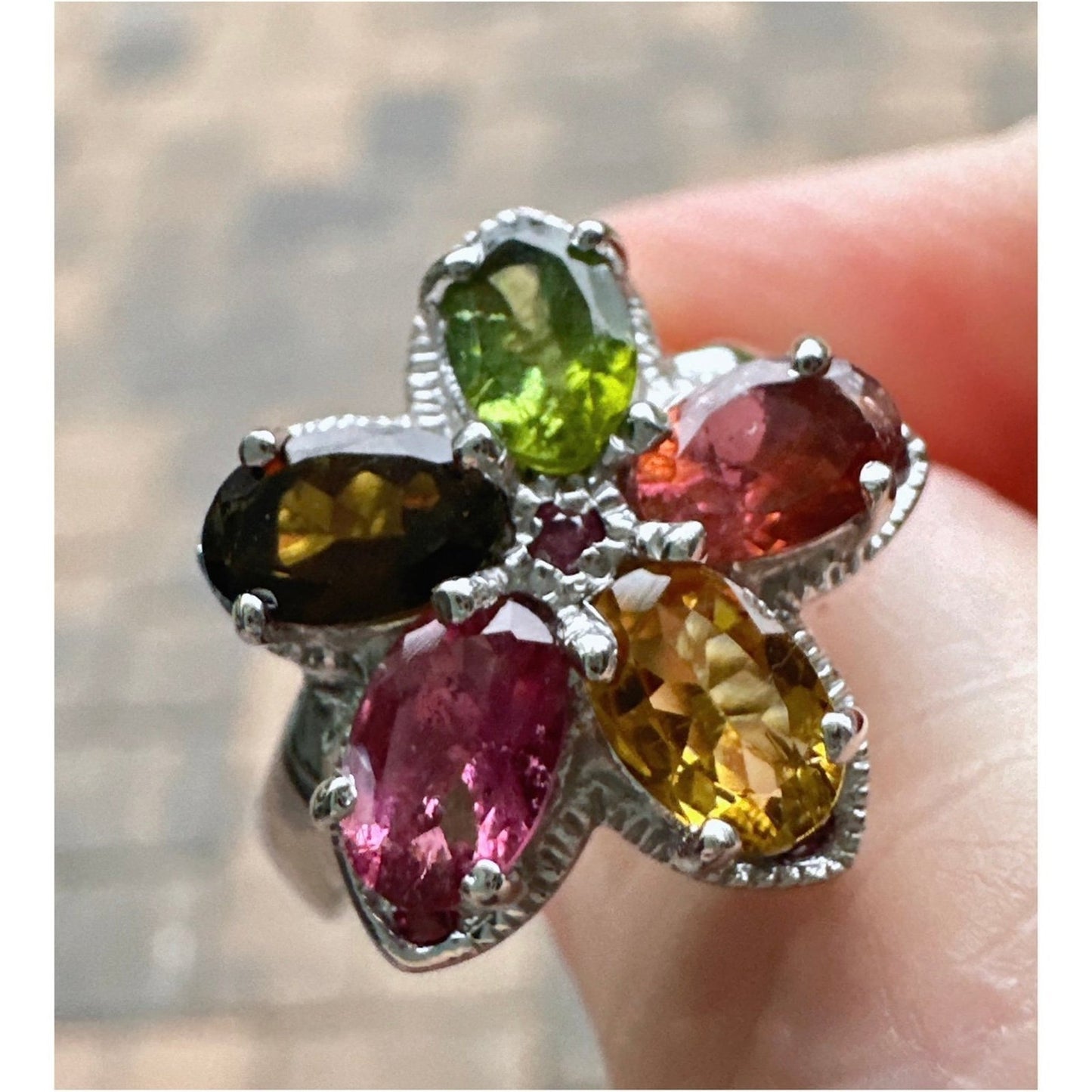 Size 8 Tanzanite, Citrine, Rhodolite, Peridot Flower Ring in .925 Sterling Silve