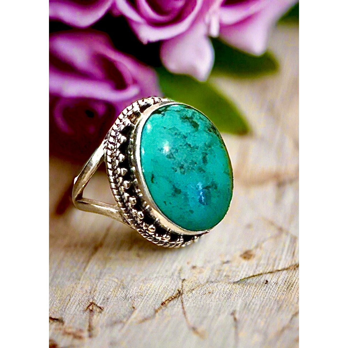 Kingman Turquoise Bali Style Oval Sterling Silver Ring Adjustable 5-11
