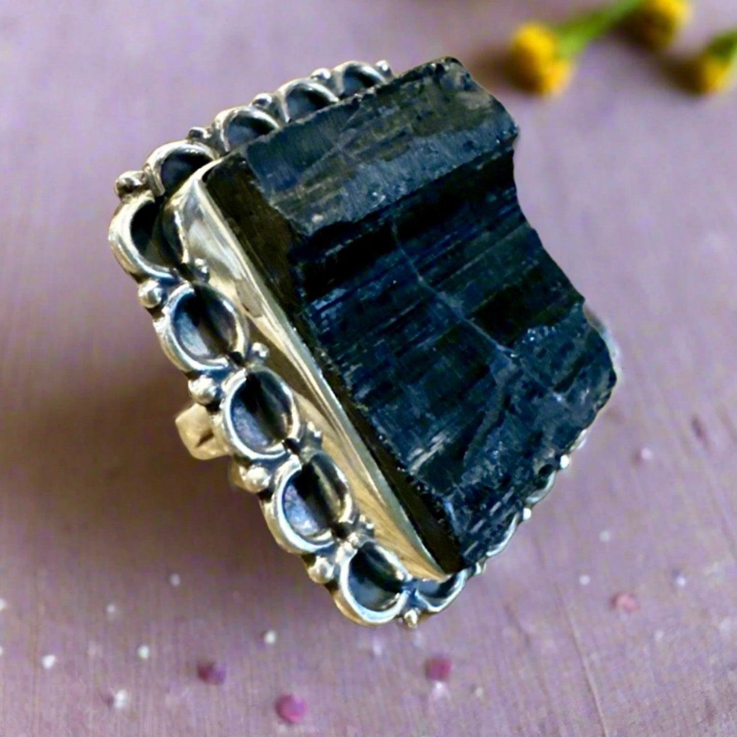 Huge Black Tourmaline Square Sterling Silver Ring Size 6