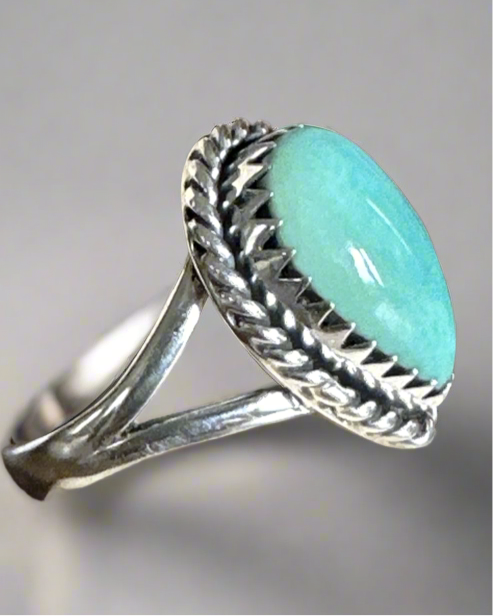 Southwestern Rope Design Turquoise Sterling Silver Ring Size 7