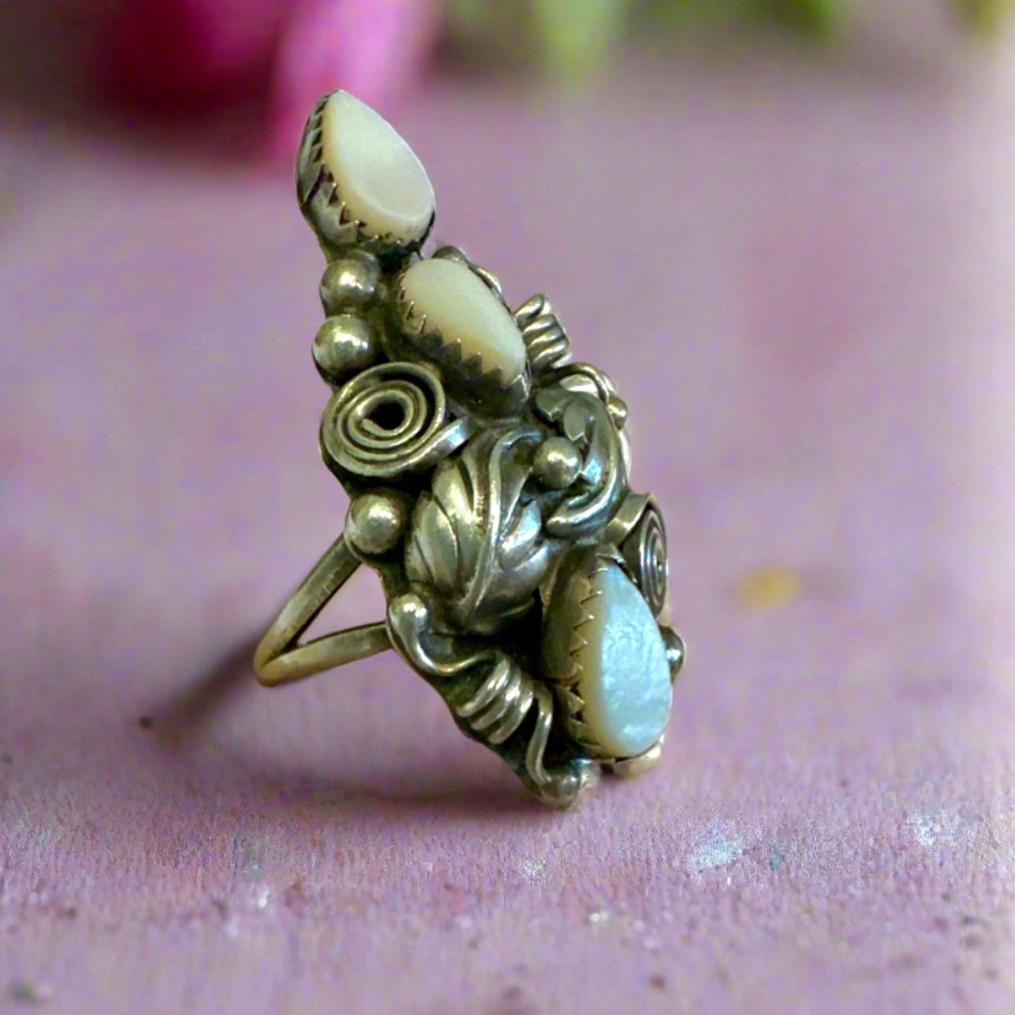 Vintage Native American Long Mother Of Pearl Ring Size 8