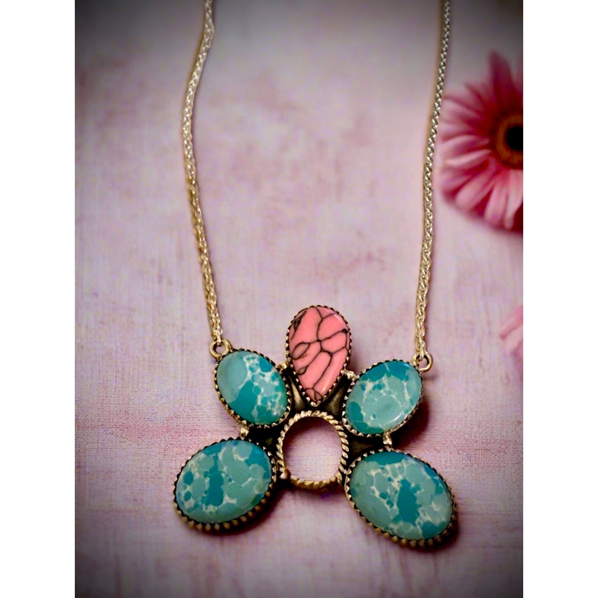 Pink Gibbsite & Larimar Naja Sterling Necklace 18” Adjustable