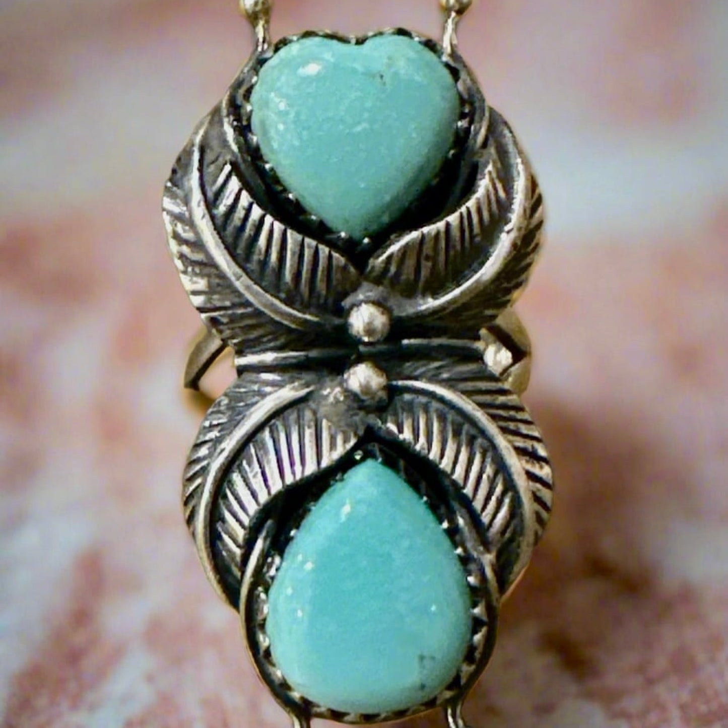 Two Stone Green Turquoise Leaf Design Sterling Ring Size 6.75