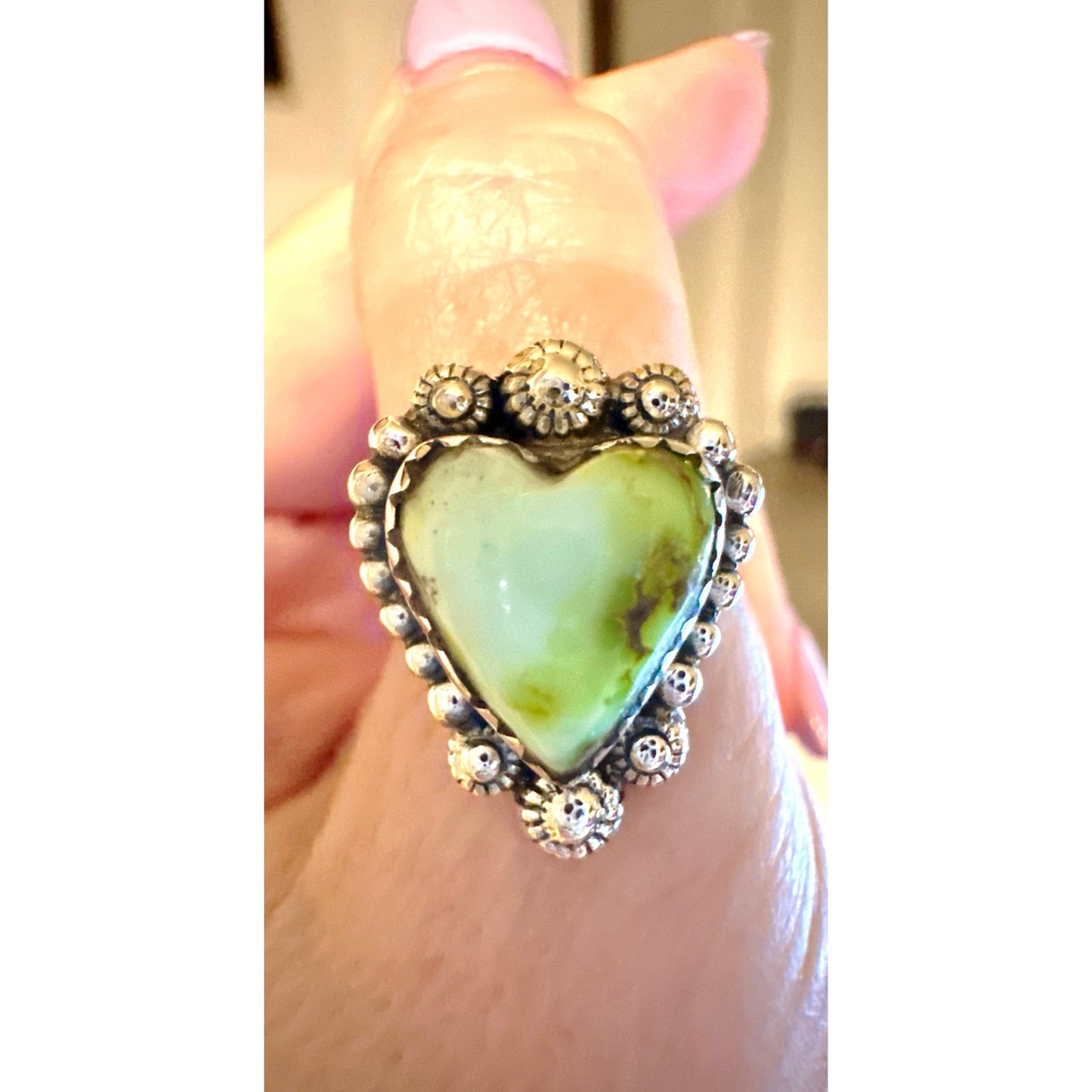 Light Green Palomino Tirquoise Heart Ring Sterling Silver Size 5-11 Adjustable