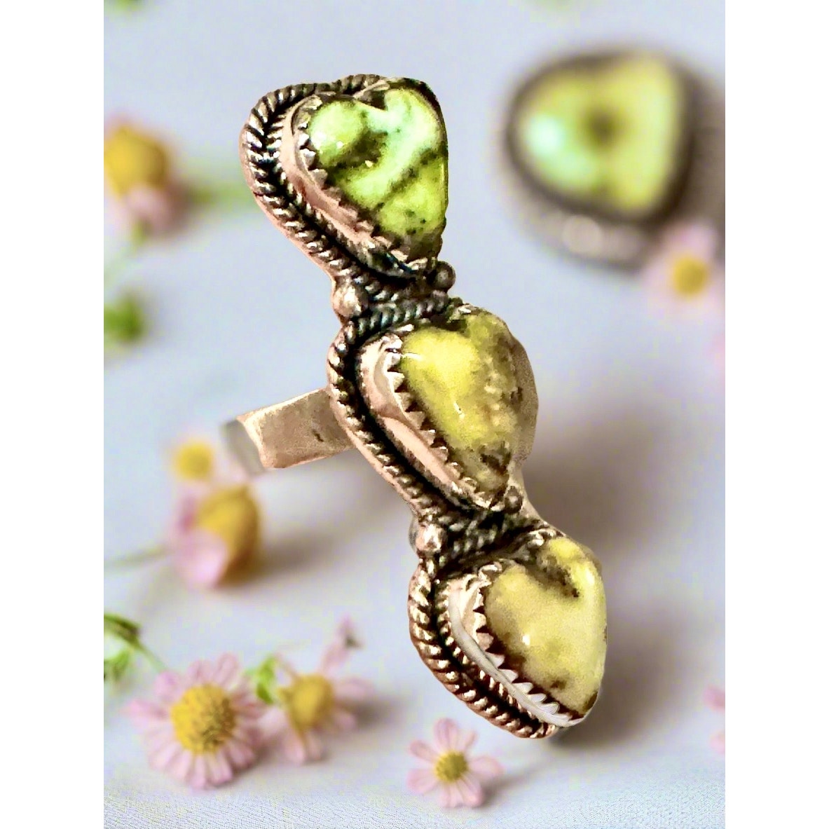 Three Stone Palomino Light Green Turquoise Hearts Ring Adjustable 5-11