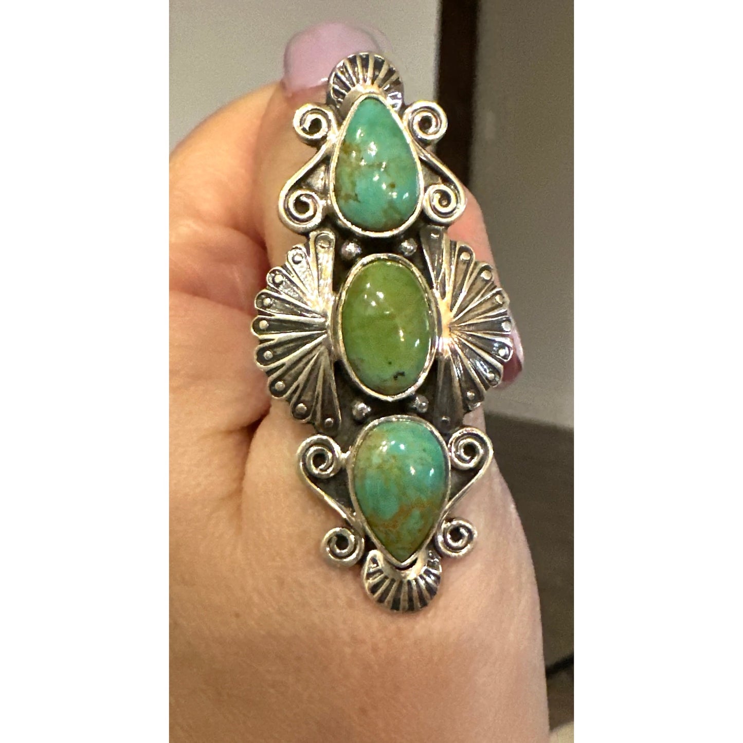 Three Stone Turquoise Southwestern Sterling Silver Ring Size 9