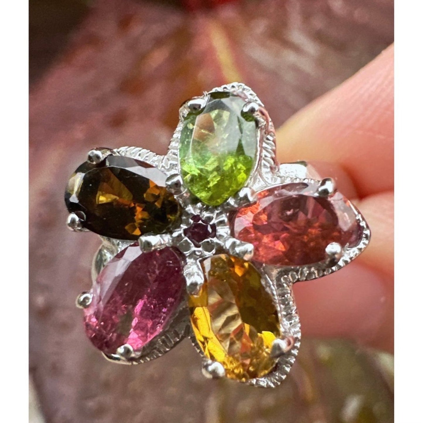 Size 8 Tanzanite, Citrine, Rhodolite, Peridot Flower Ring in .925 Sterling Silve