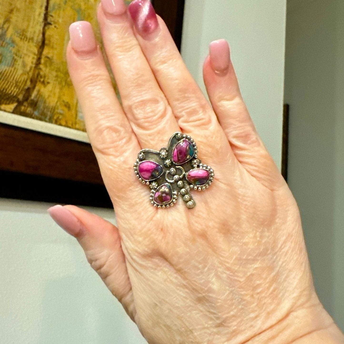 Pink Dahlia Spiny Oyster Butterfly Southwestern Sterling Silver Ring 6,7,8,9