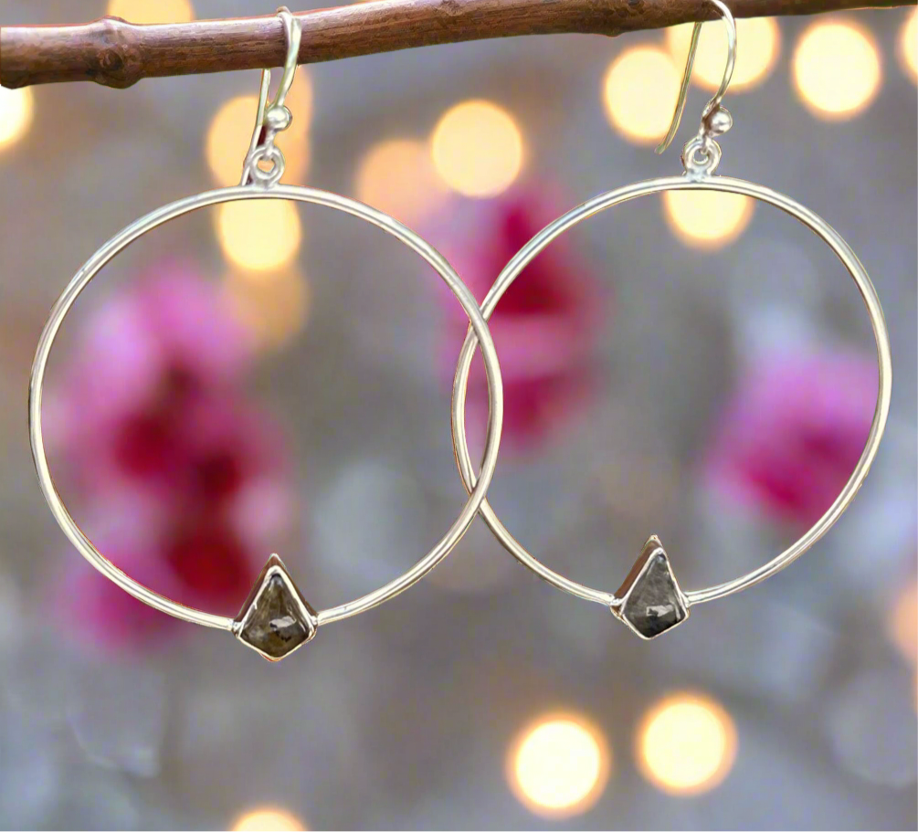 Genuine Labradorite .925 Silver Hoops 2.5” Long!