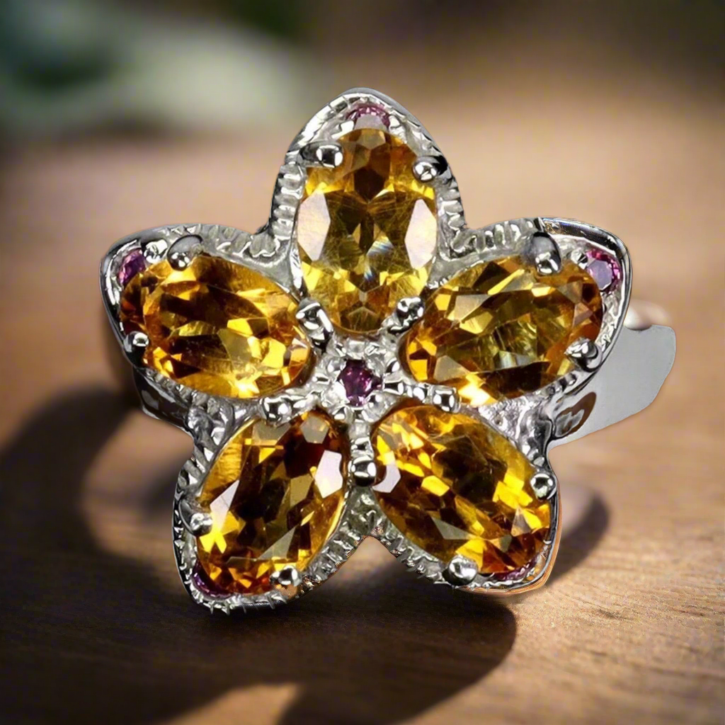 Citrine and Rhodolite Sterling Silver Ring Size 7