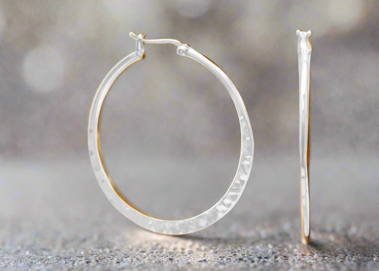 Large Hammered Hoop Earrings .925 Sterling Silver